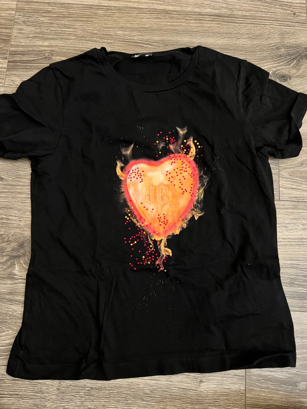Just Cavalli Black Tee with Flaming Orange and Pink Heart Graphic
